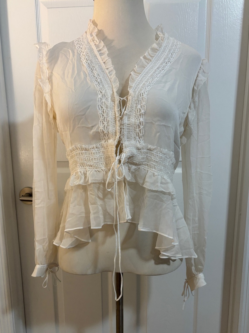 Jonathan Simkhai Women’s M 100% Silk Cream Sheer Ruffle Tie Front Peplum Blouse